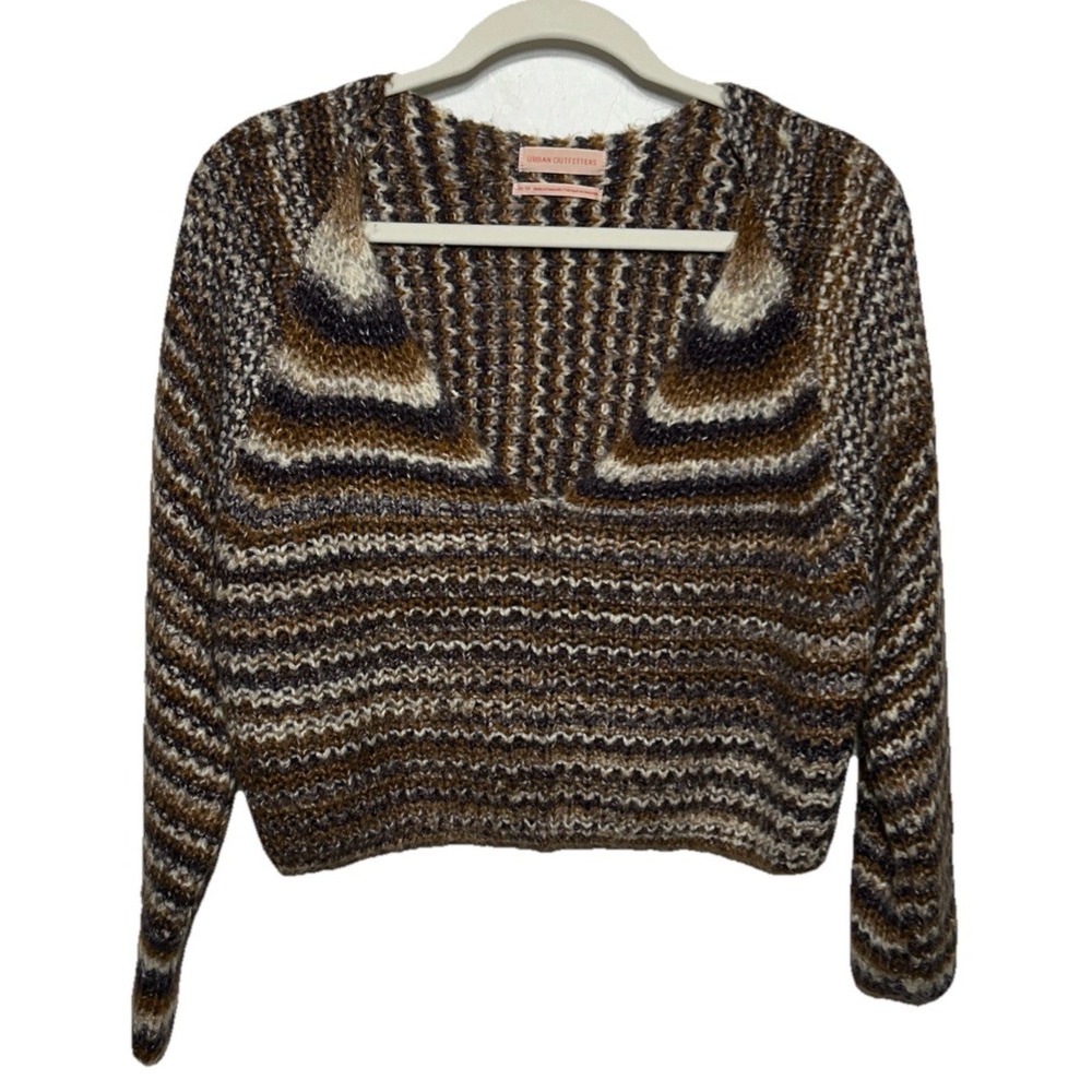 Urban Outfitters Oversized Cropped V-Neck Sweater Brown Blue Stripe Sz XS